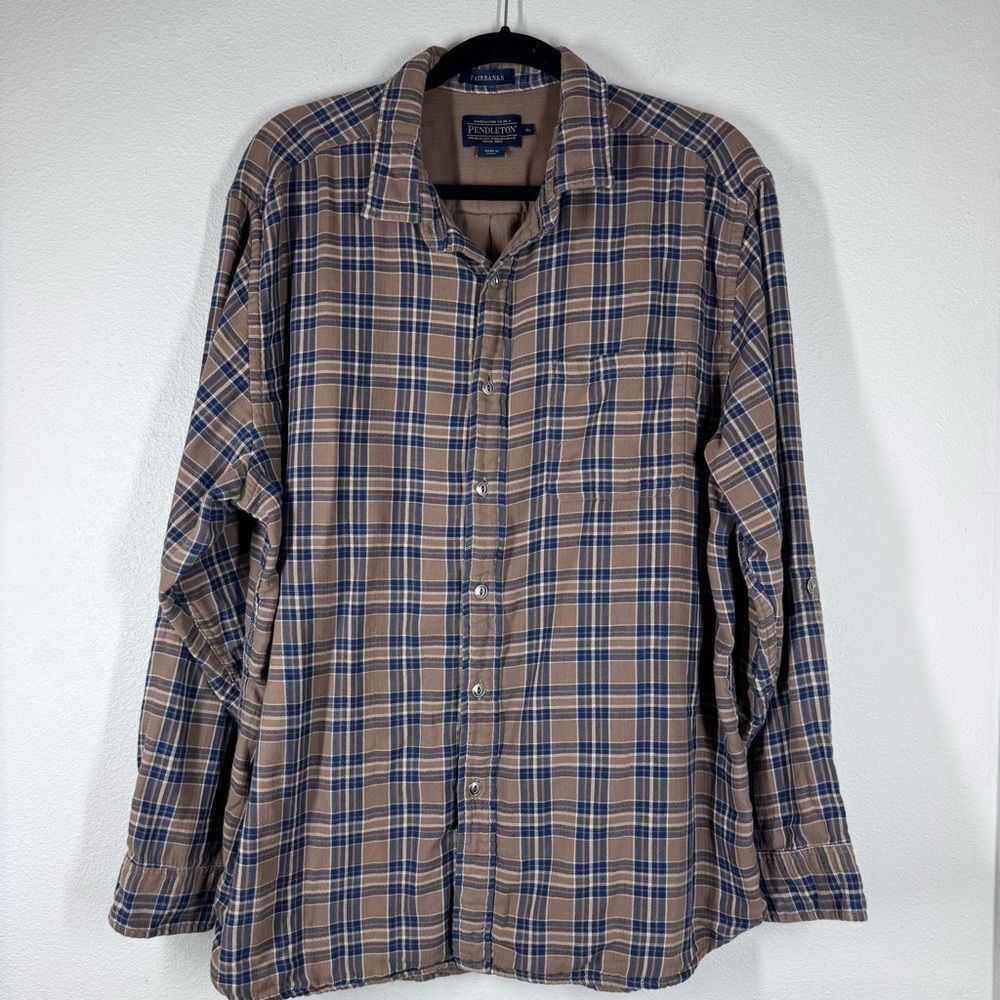 Pendleton Fairbanks Brown Blue Plaid Lined Flannel Long Sleeve Button Shirt XL